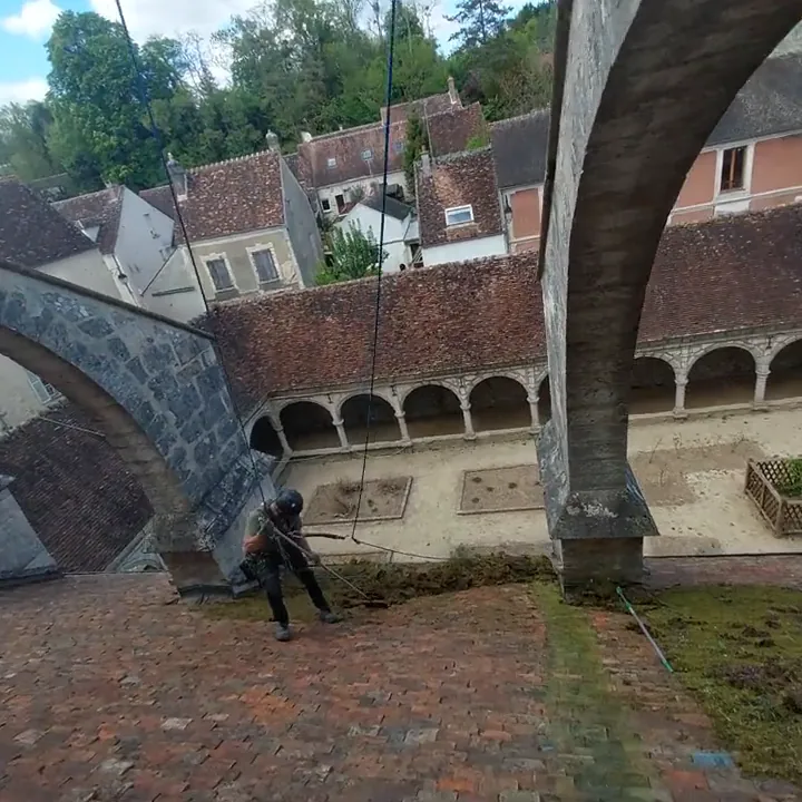 Un cordiste sur le versant en tuiles entre les arcs-boutants, pendant le nettoyage de la toiture.